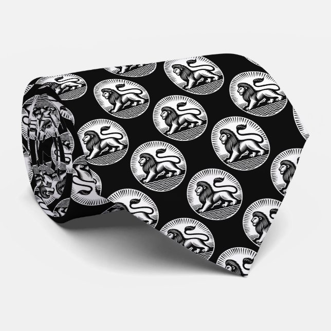 Cravate Motif Lion - Noir et Blanc sur Noir (Roulé)