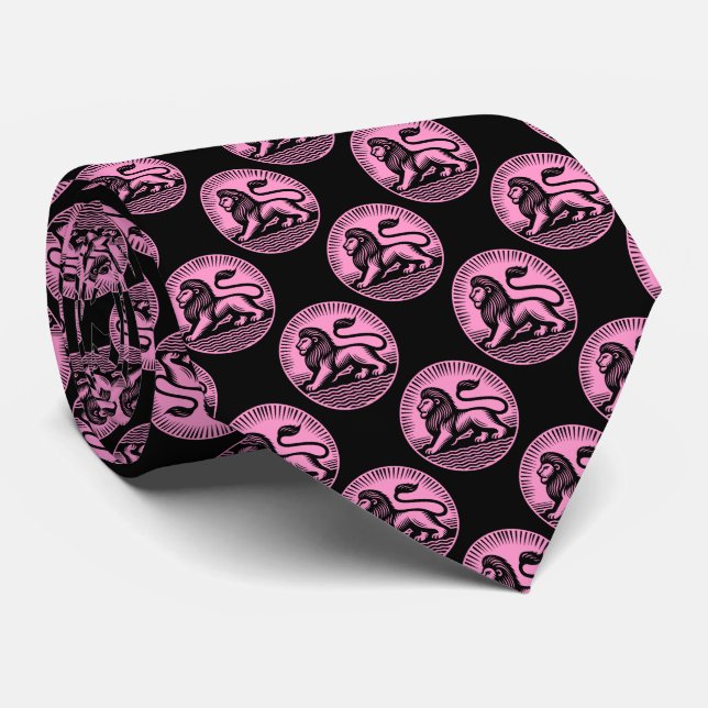 Cravate Motif Lion - Noir et Rose sur Noir (Roulé)