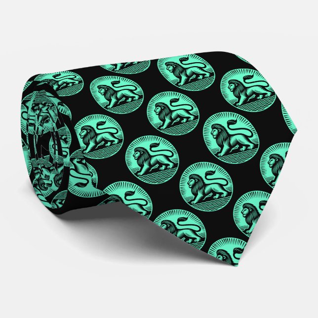Cravate Motif Lion - Noir et Turquoise sur Noir (Roulé)