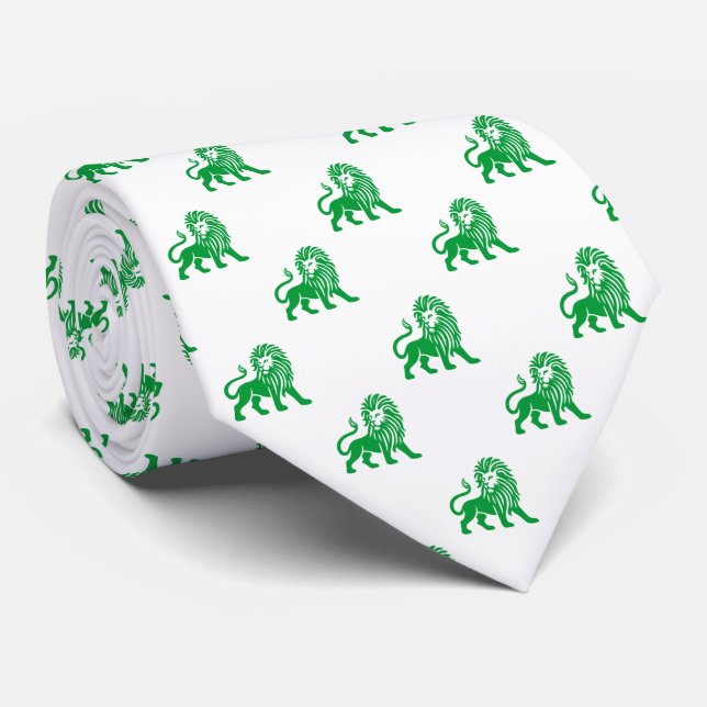 Cravate Motif Lion - Vert Gris sur Blanc (Roulé)