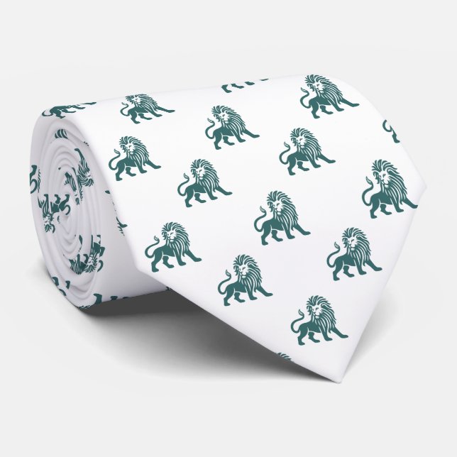 Cravate Motif Lion - Vert Moussu sur Blanc (Roulé)