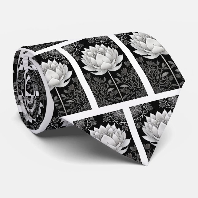 Cravate Motif Lotus noir et blanc (Roulé)