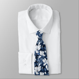 Cravate Motif Magnolia blanc au chiffon de minuit