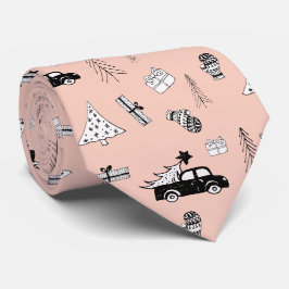Cravate Motif noir et blanc de Noël moderne sur rose