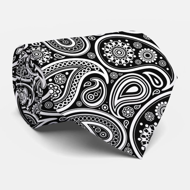 Cravate Motif Paisley, Persian Paisley, noir et blanc (Roulé)