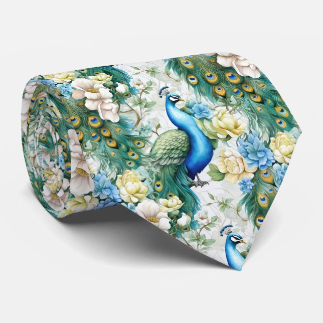 Cravate motif paon carrelé cool (Roulé)