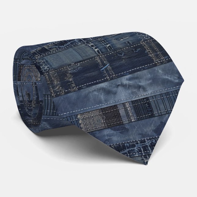 Cravate Motif patchwork en denim indigo rustique (Roulé)