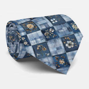 Cravate Motif patchwork floral Denim bohème