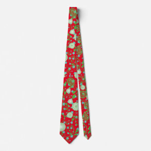 Cravate Motif plante vert rétro.b Rouge BG