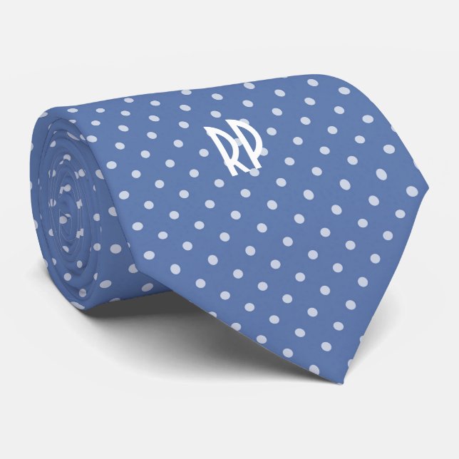 Cravate Motif pois avec Monogramme (Bleu de Cornflower) (Roulé)