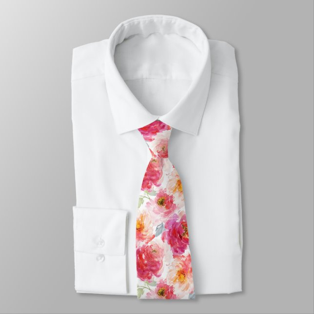 Cravate Motif rose Aquarelle Peony (Attaché)