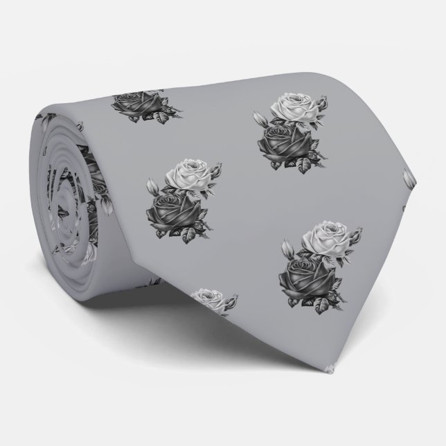 Cravate Motif rose Noir gris argenté gris blanc (Roulé)