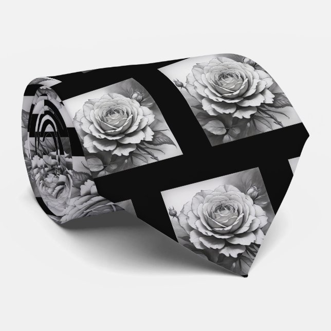 Cravate Motif Roses noir et blanc (Roulé)