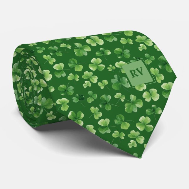 Cravate Motif Shamrock vert émérite monogramme (Roulé)
