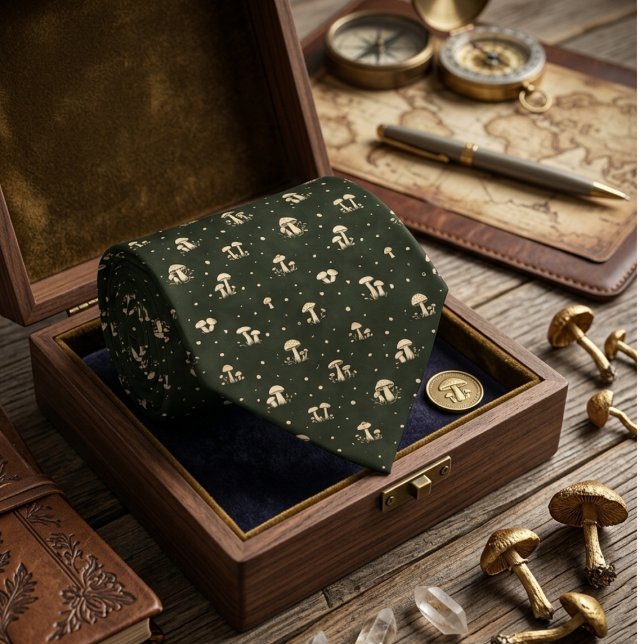 Cravate Motif subtil de champignons dorés vert forêt (Créateur téléchargé)