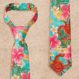 Cravate Motif tropical dessiné à la main Crabe Citron Hibi