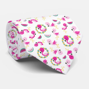 Cravate Motif tropical, Flamants roses, pastèques, Fleurs