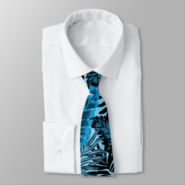 Cravate Motif tropicale bleue et noire. (Attaché)