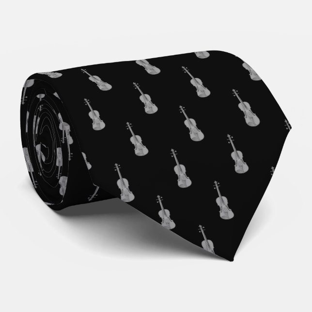 Cravate Motif violon - Noir gris argenté gris blanc (Roulé)