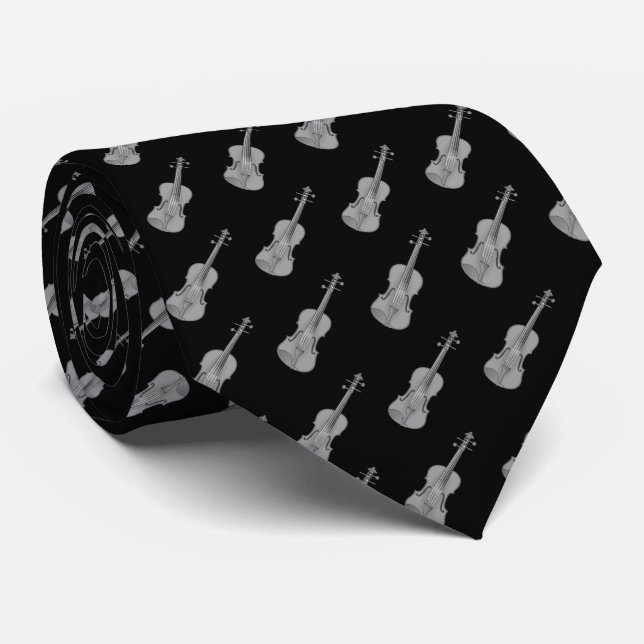 Cravate Motif violon - Noir gris argenté gris blanc (Roulé)
