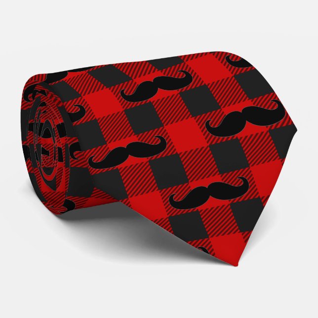 Cravate Moustache Buffalo Plaid Motif noir et rouge (Roulé)