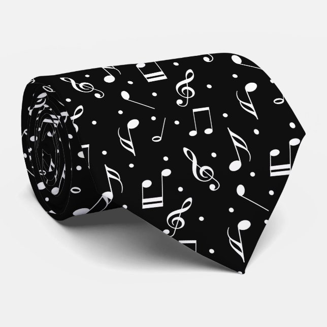Cravate Musical noir de motif de musique et blanc chic (Roulé)
