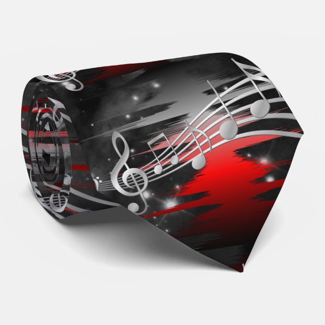 Cravate Musique rouge et argent Vague et notes (Roulé)