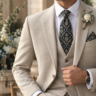 Cravate Navy Or Fleur de Lis Baroque Damassé