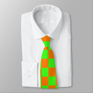 Cravate Neon Green Orange À damiers Checkerboard Vintage