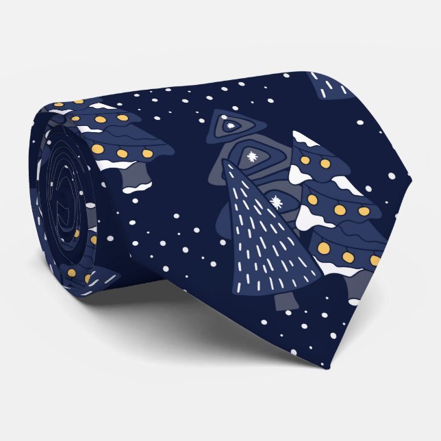 CRAVATE NOËL BLEU FONCÉ MONOGRAMME DE LA FORÊT HIVERNALE (Roulé)