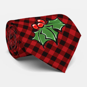 Cravate Noël classique Red Plaid Holly baies feuilles