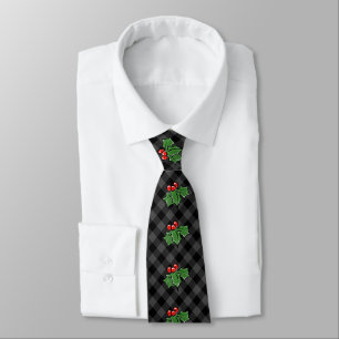 Cravate Noël classique Red Plaid Holly baies feuilles