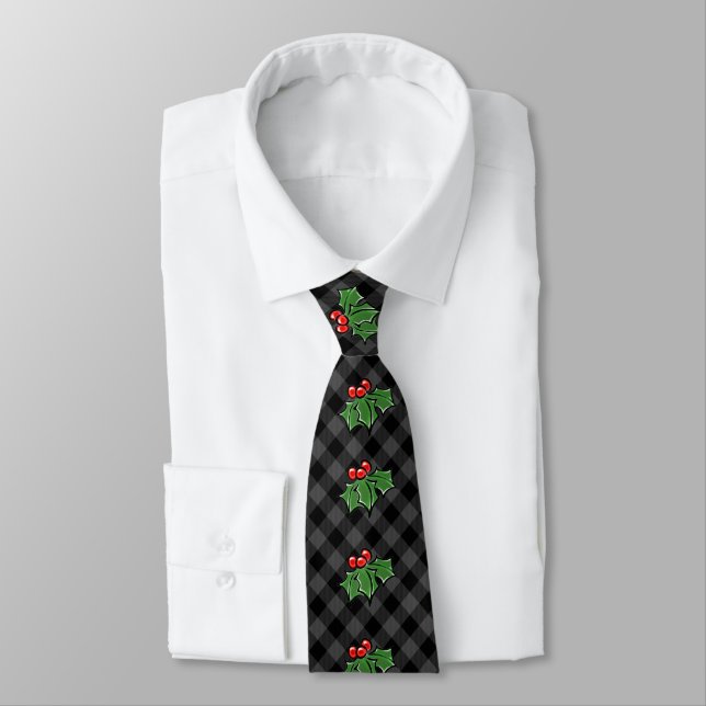Cravate Noël classique Red Plaid Holly baies feuilles (Attaché)