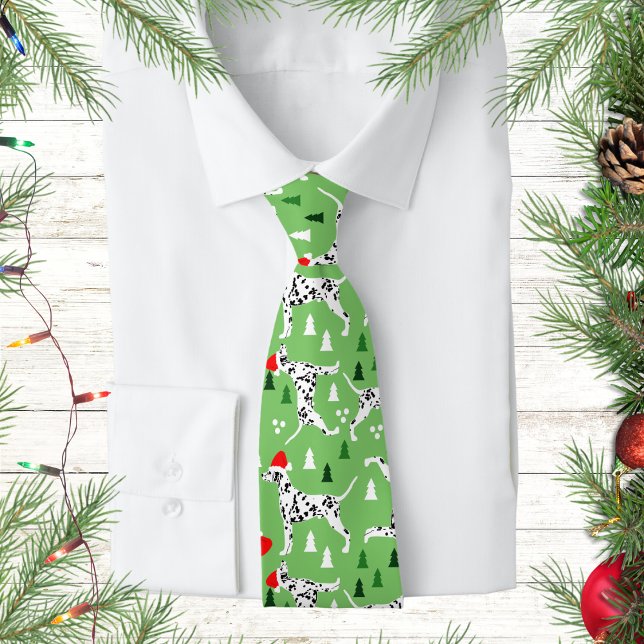 Cravate Noël Dalmatien Vacances Vert Père Noël Chiens (Dalmatian Christmas Neck Tie)