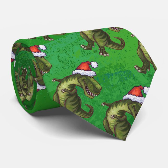Cravate Noël de Tyrannosaurus sur le vert (Roulé)