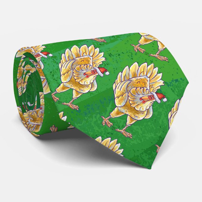 Cravate Noël Du Poulet Sur Vert (Roulé)