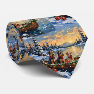 Cravate Noël en bateau avec Airedale Terrier