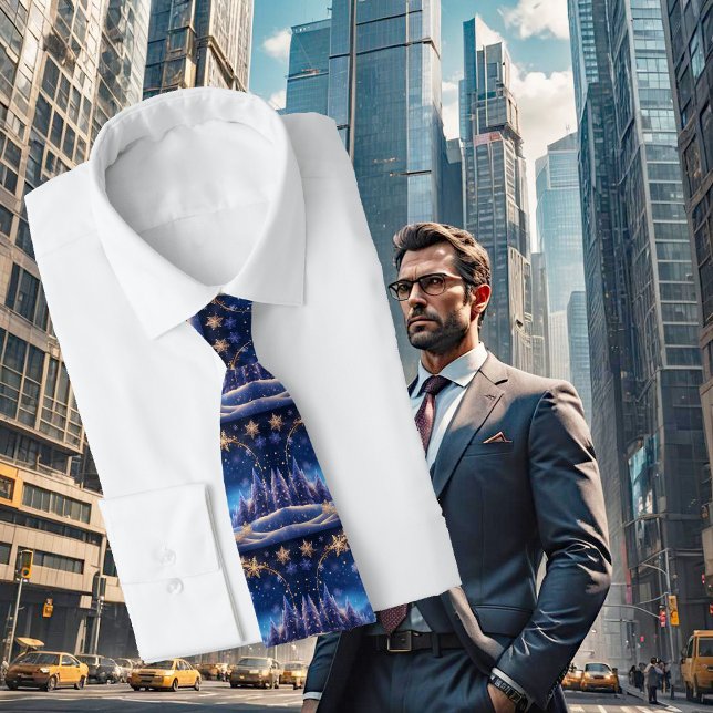 Cravate Noël magique - flocons de neige dorés sur bleu (Créateur téléchargé)