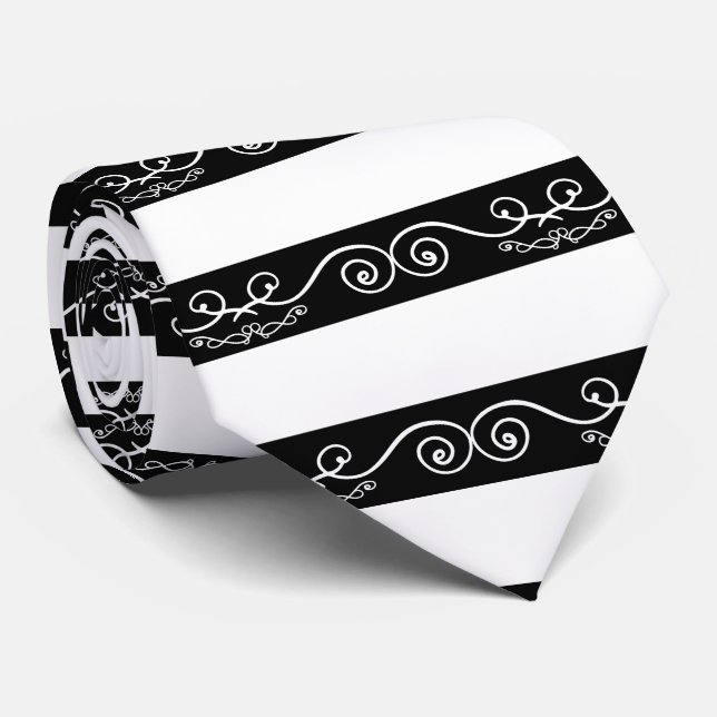 Cravate Noir Blanc rayé design Monogramme (Roulé)