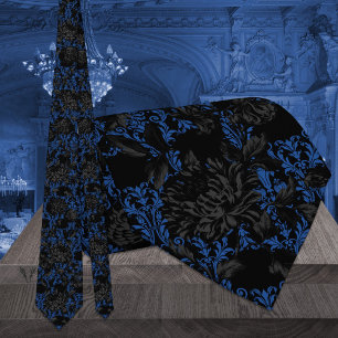 Cravate Noir & Bleu Floral Damask Mariage gothique