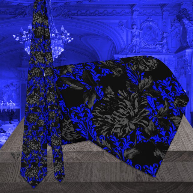 Cravate Noir & Bleu Floral Damask Mariage gothique (Créateur téléchargé)