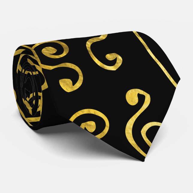 Cravate Noir de luxe et motif africain d'or (Roulé)