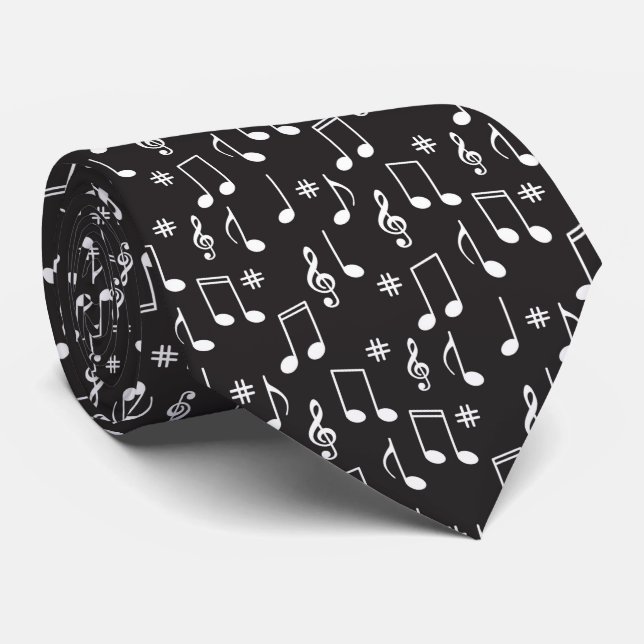 Cravate Noir de notes musicales avec les notes blanches (Roulé)