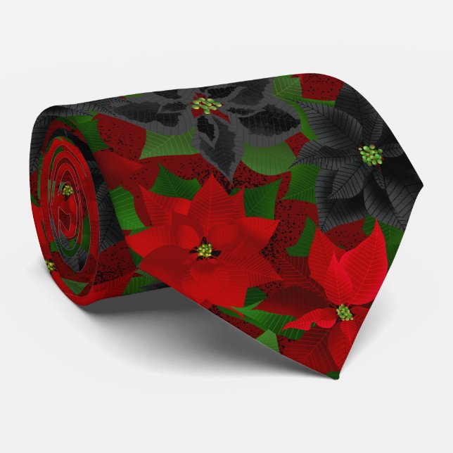Cravate Noir Rouge Poinsettia Goth Noël (Roulé)