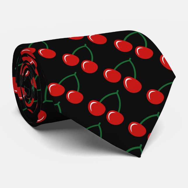 Cravate noire avec le motif rouge de cerises (Roulé)
