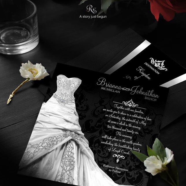 Cravate noire Luxe Destination Invitation (Front and back view of the Black Tie Luxe invitation featuring tuxedo and ball gown details.)