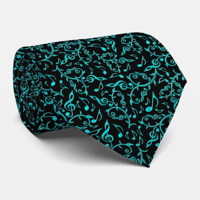 Cravate Notes turquoises et clefs de musique sur toute (Roulé)