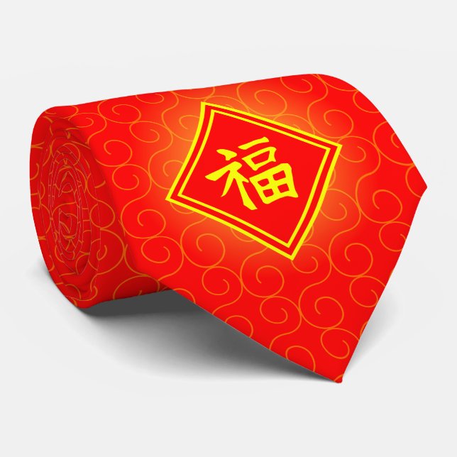 Cravate Nouvel An chinois - Symbole rouge Lucky Fu (Roulé)