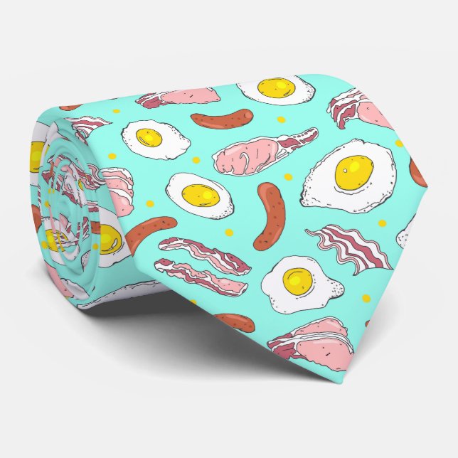 Cravate Novelty Bacon Oeuf Saucisson Petit déjeuner Bleu (Roulé)