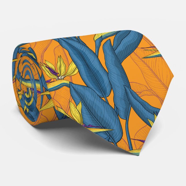 Cravate Oiseau de fleurs paradisiaques sur orange (Roulé)